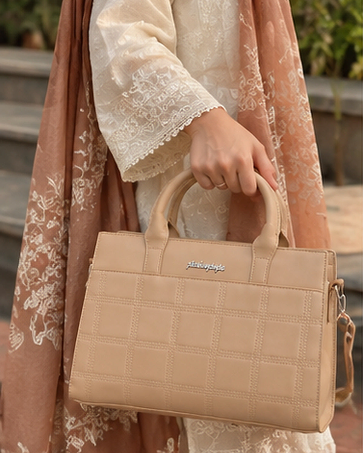 Classic Beige Grid Handbag