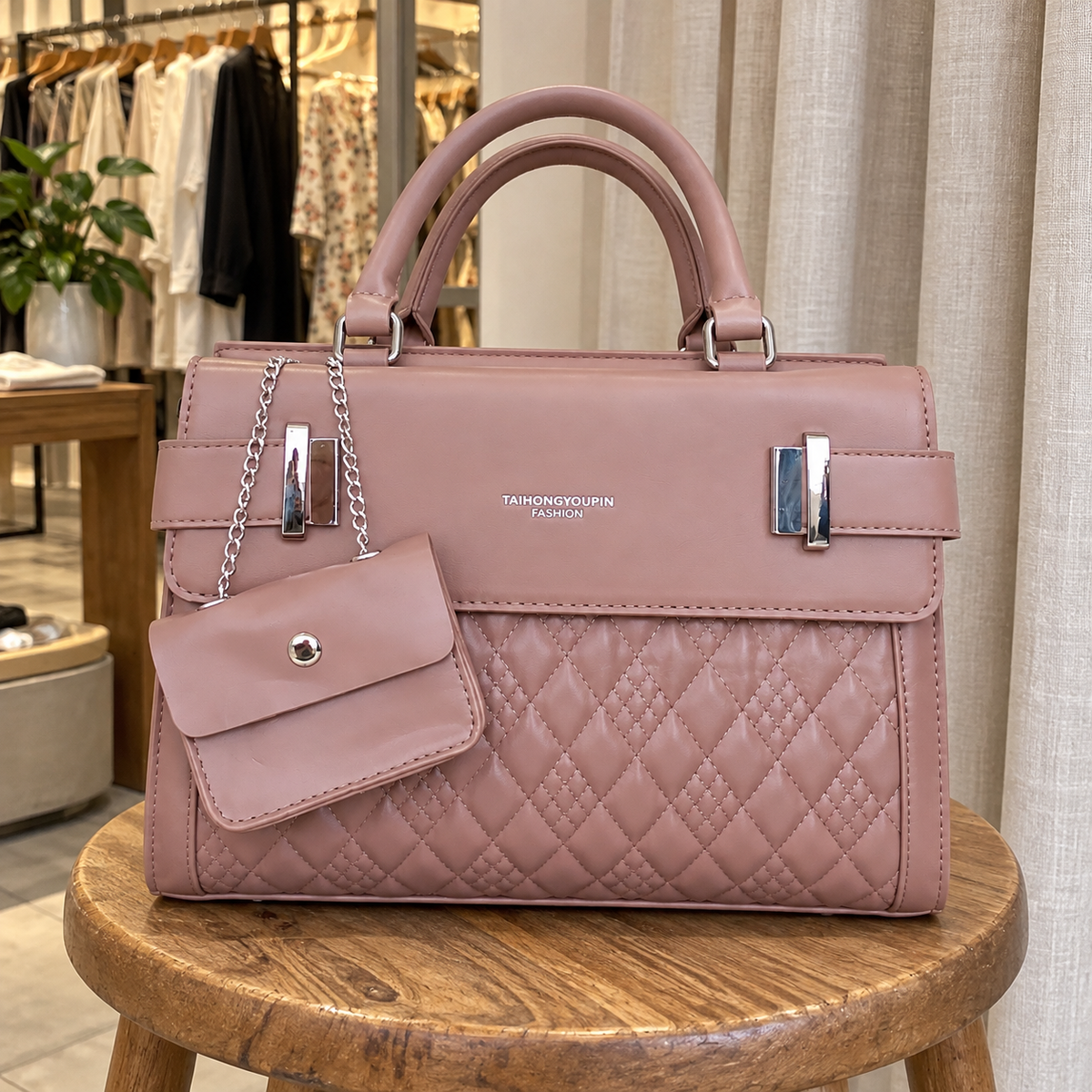 Blush Pink Quilted Top Handle Handbag with Mini Pouch