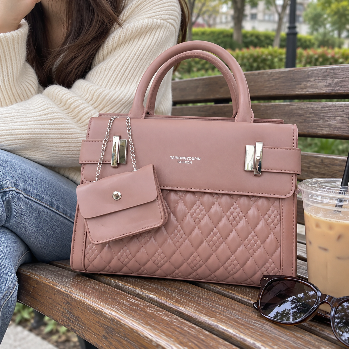 Blush Pink Quilted Top Handle Handbag with Mini Pouch
