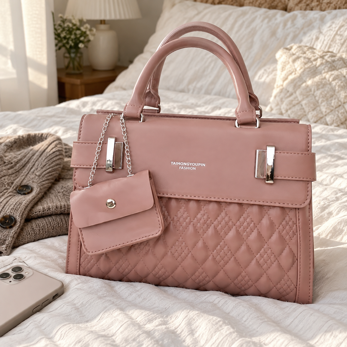 Blush Pink Quilted Top Handle Handbag with Mini Pouch