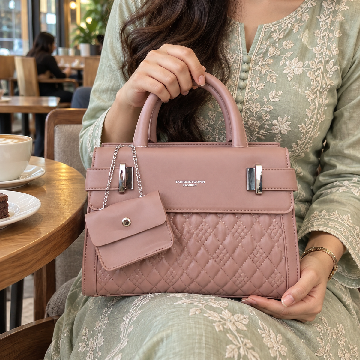 Blush Pink Quilted Top Handle Handbag with Mini Pouch