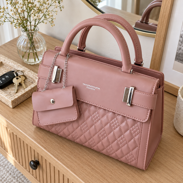 Blush Pink Quilted Top Handle Handbag with Mini Pouch