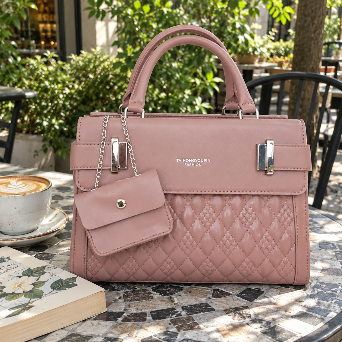 Blush Pink Quilted Top Handle Handbag with Mini Pouch