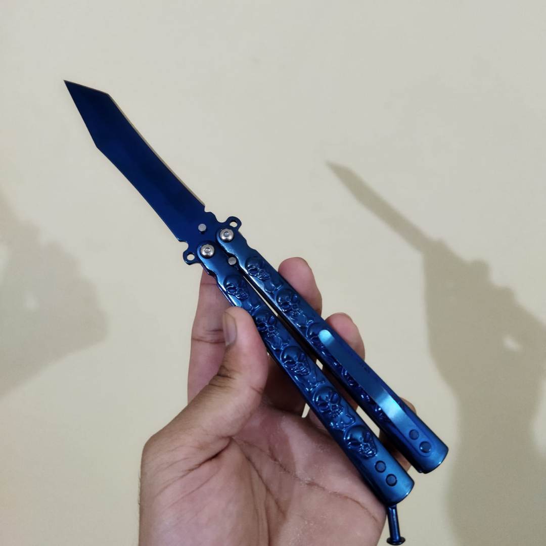 Blue Skull Butterfly Pocket Knife - Sharp