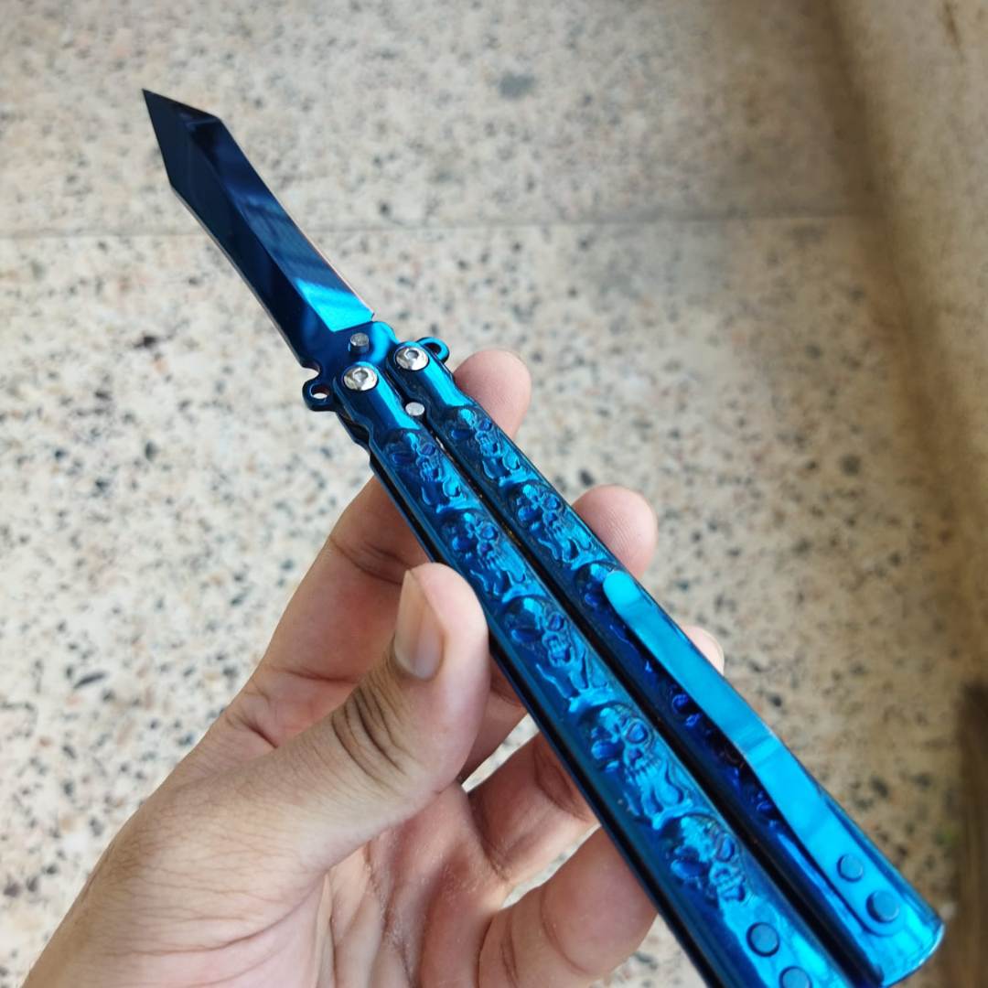 Blue Skull Butterfly Pocket Knife - Sharp