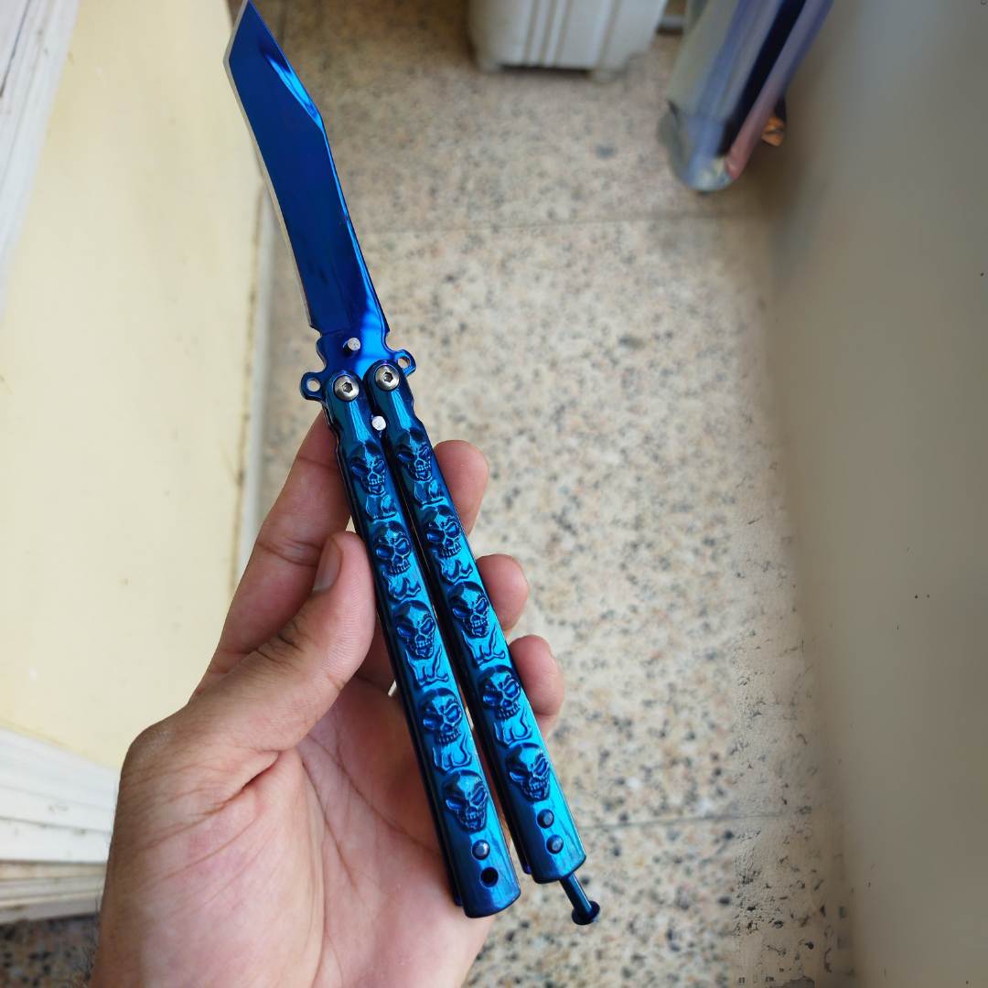 Blue Skull Butterfly Pocket Knife - Sharp