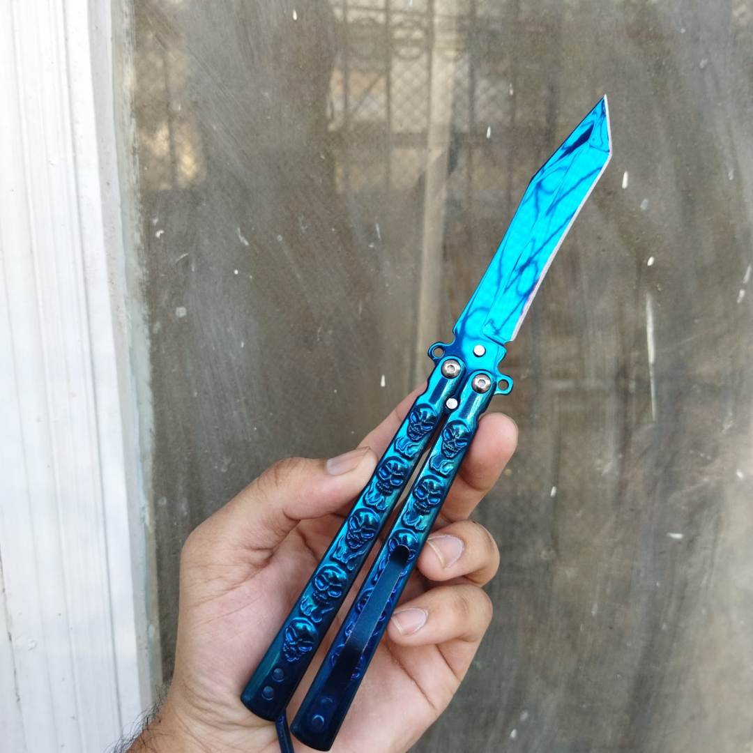 Blue Skull Butterfly Pocket Knife - Sharp