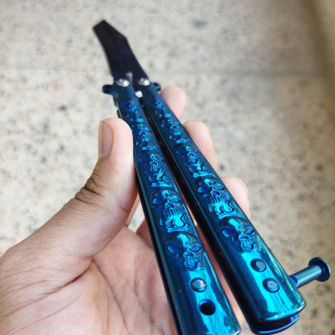 Blue Skull Butterfly Pocket Knife - Sharp