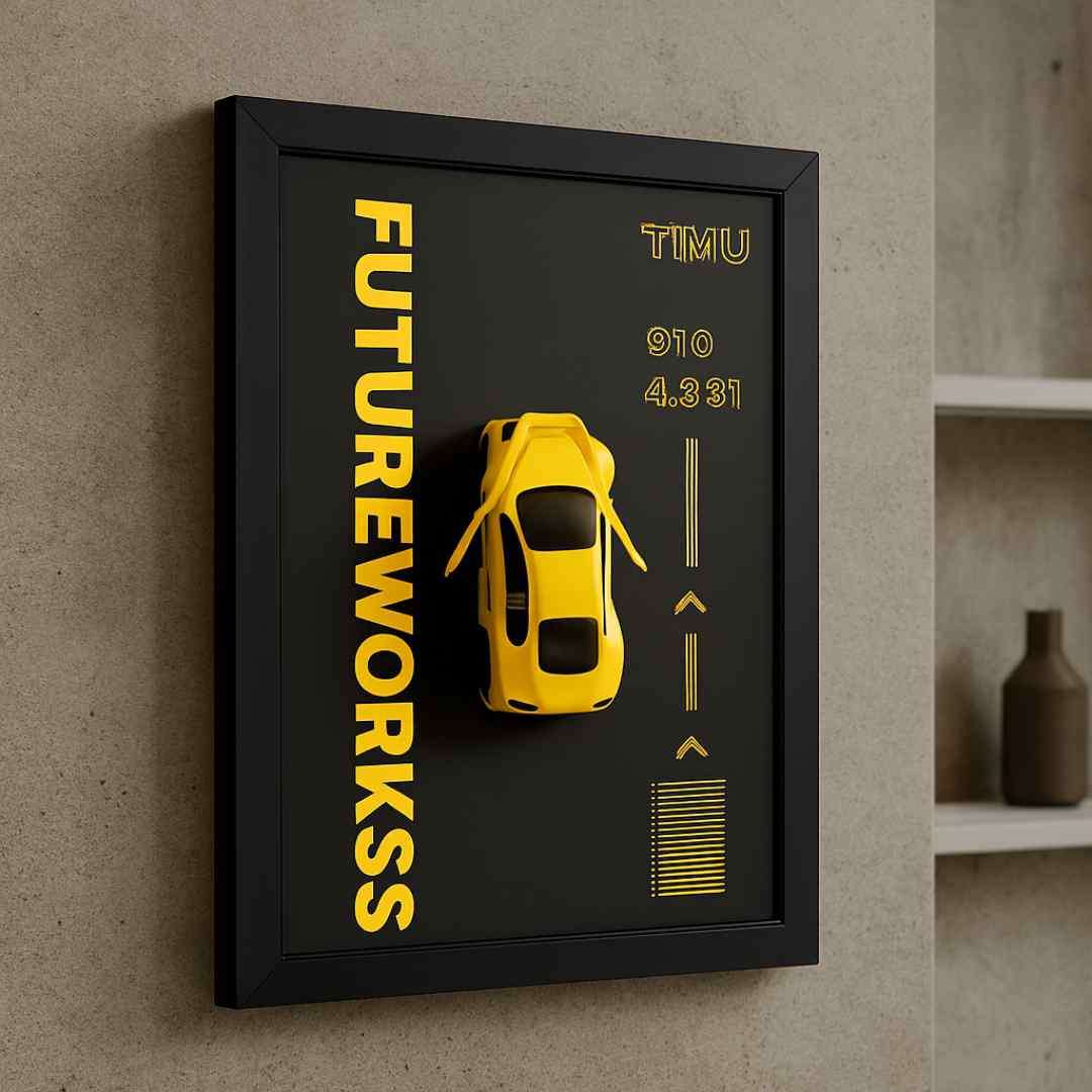 3D Metal Car Wall Frame Yellow (8 x 12 Inches)