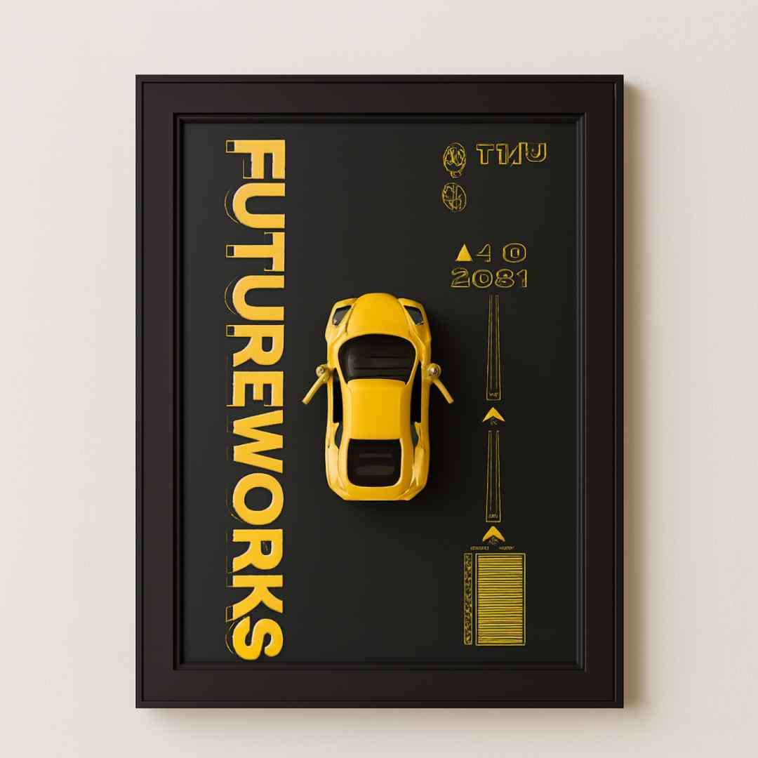 3D Metal Car Wall Frame Yellow (8 x 12 Inches)