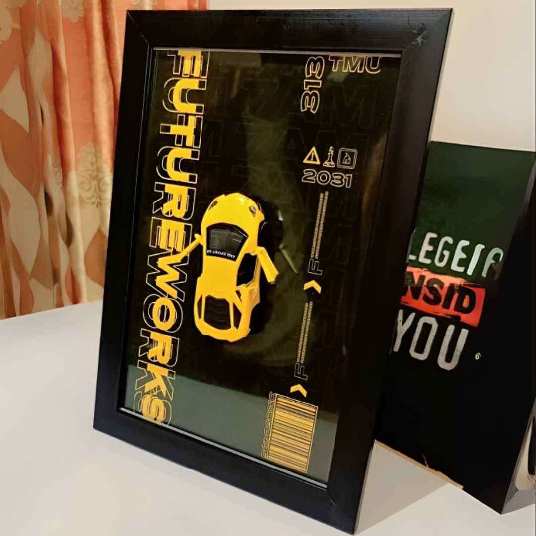3D Metal Car Wall Frame Yellow (8 x 12 Inches)