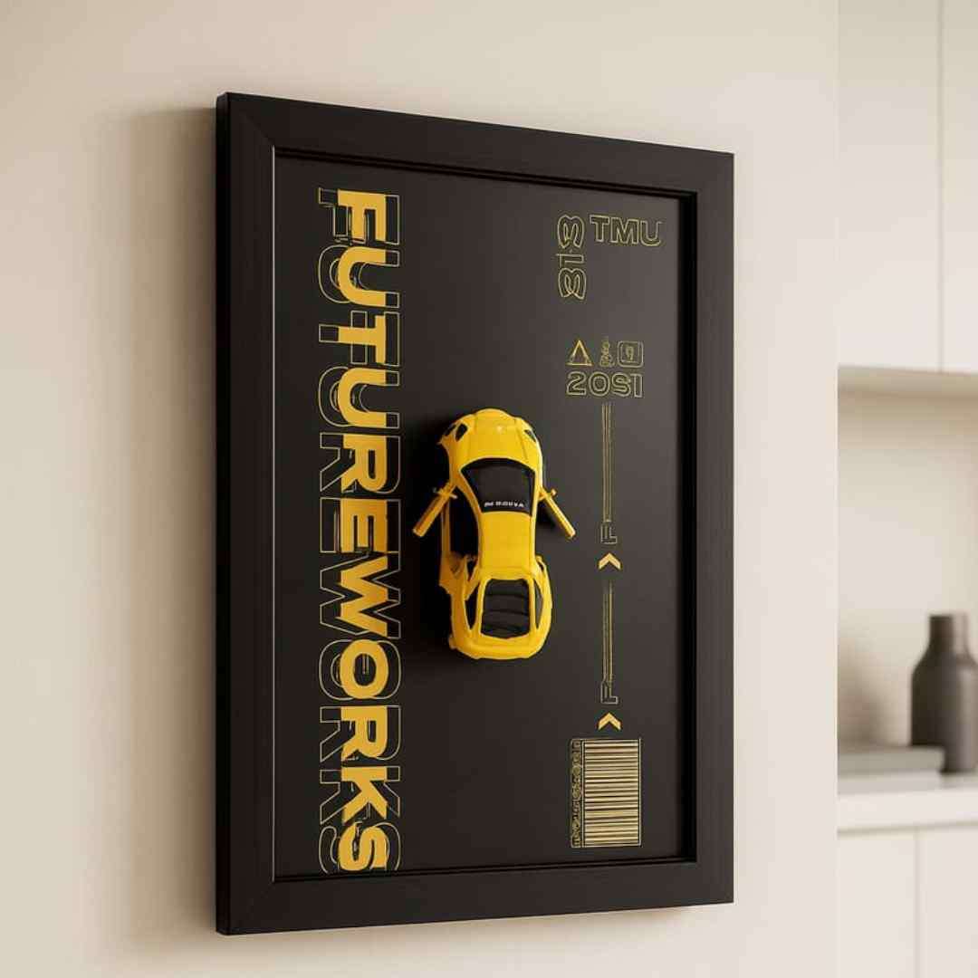 3D Metal Car Wall Frame Yellow (8 x 12 Inches)