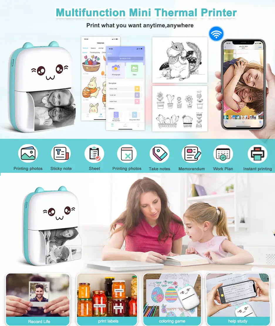 Mini Thermal Printer - Inkless Printer (Random Color, with one printing roll included)