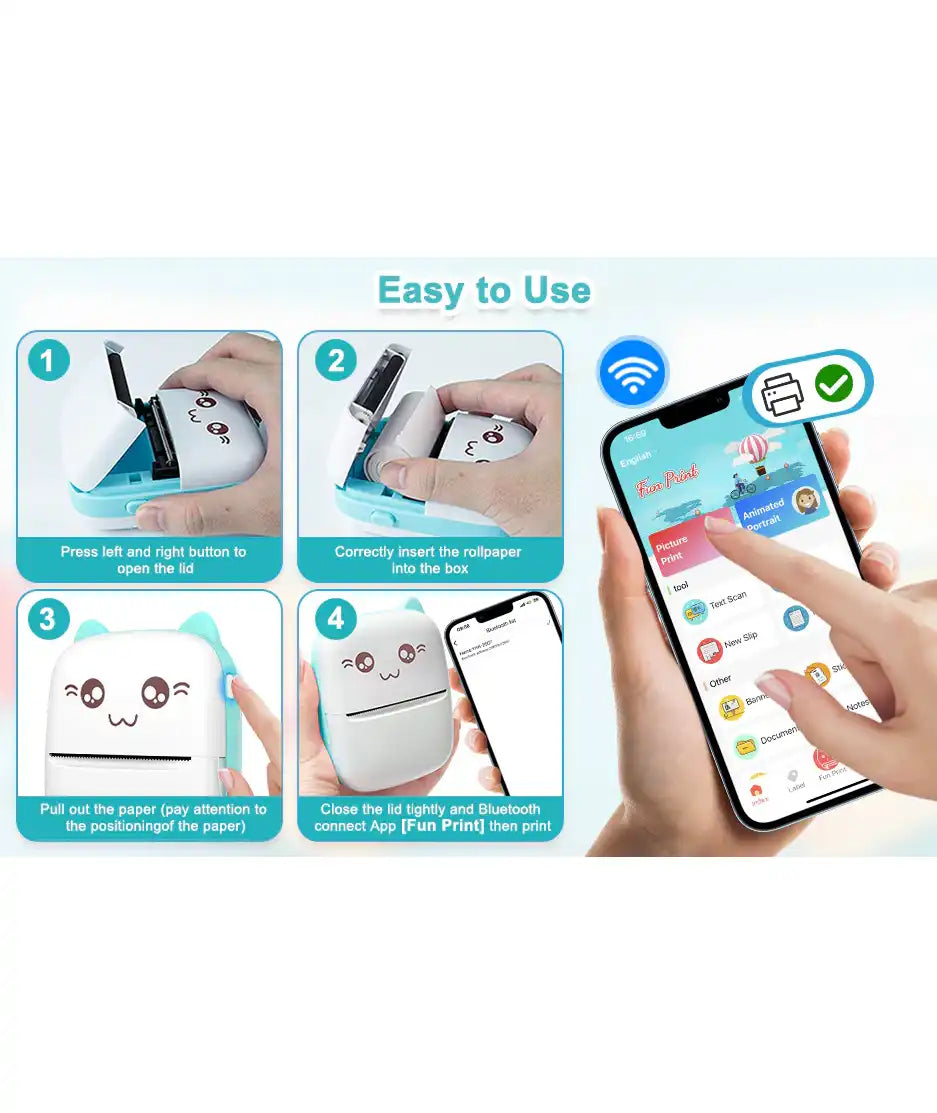 Mini Thermal Printer - Inkless Printer (Random Color, with one printing roll included)