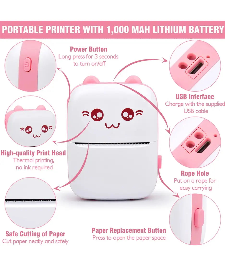 Mini Thermal Printer - Inkless Printer (Random Color, with one printing roll included)