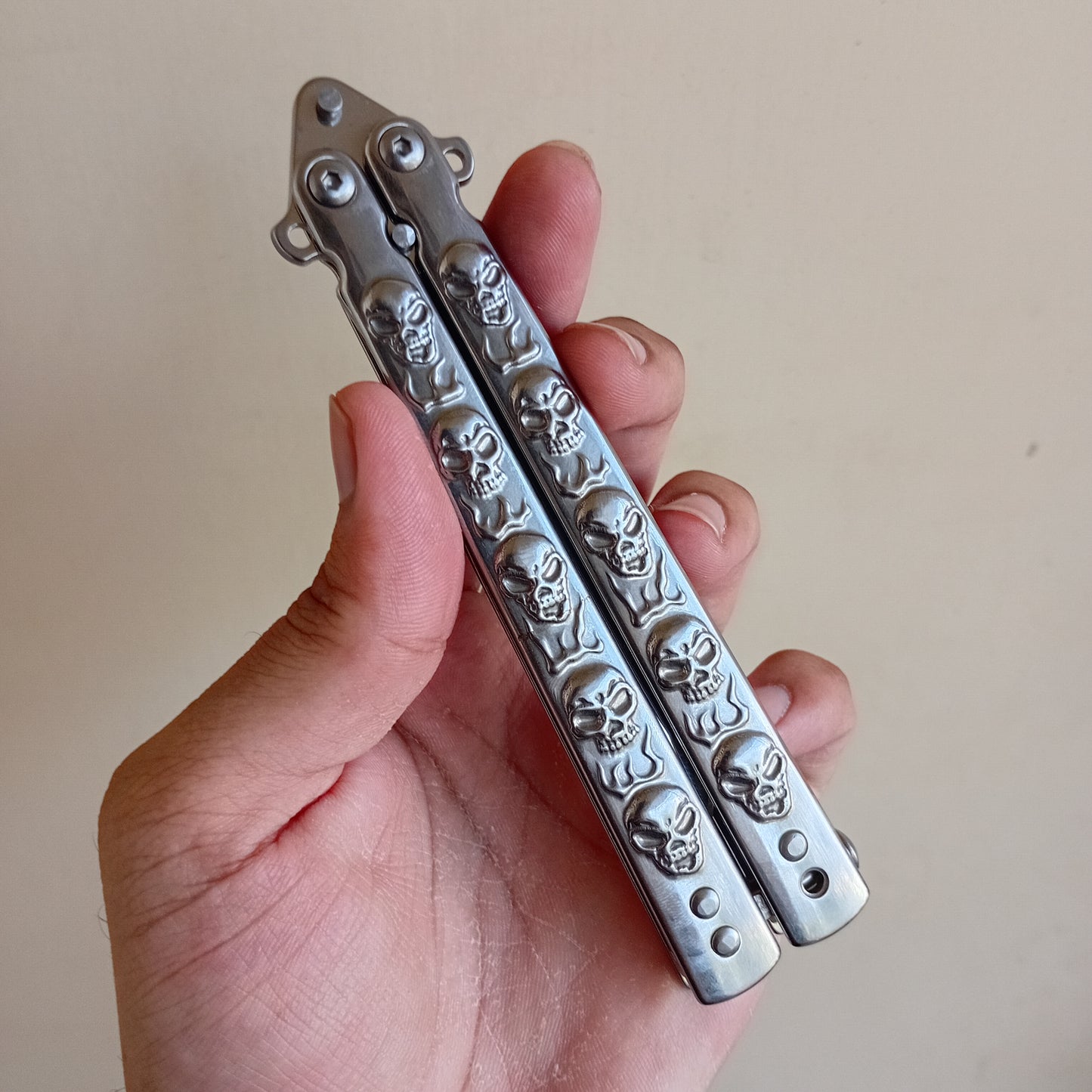 Silver Skull Butterfly Pocket Knife - Sharp