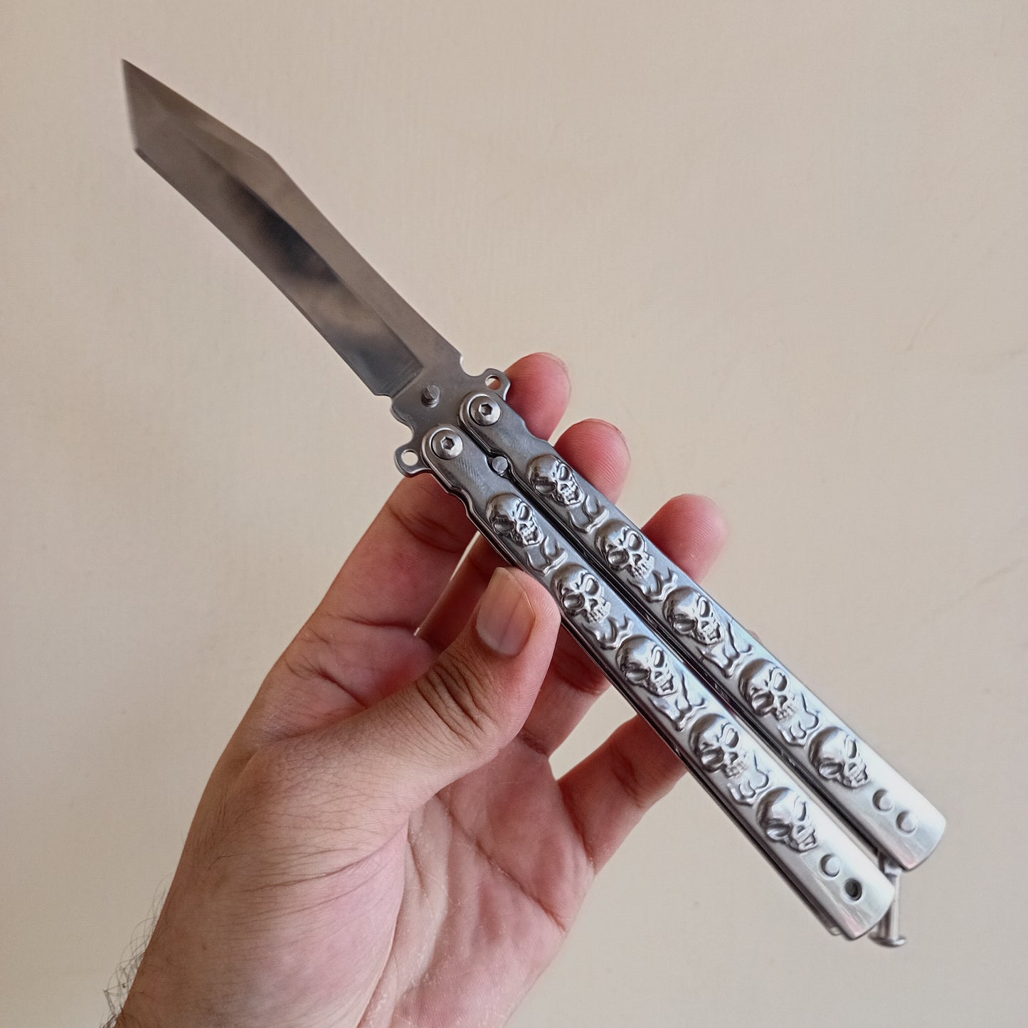 Silver Skull Butterfly Pocket Knife - Sharp