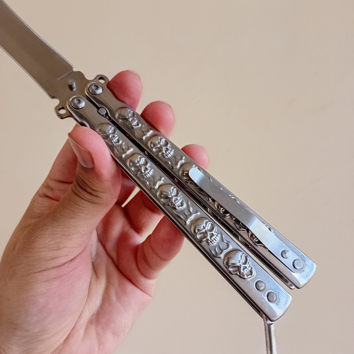 Silver Skull Butterfly Pocket Knife - Sharp