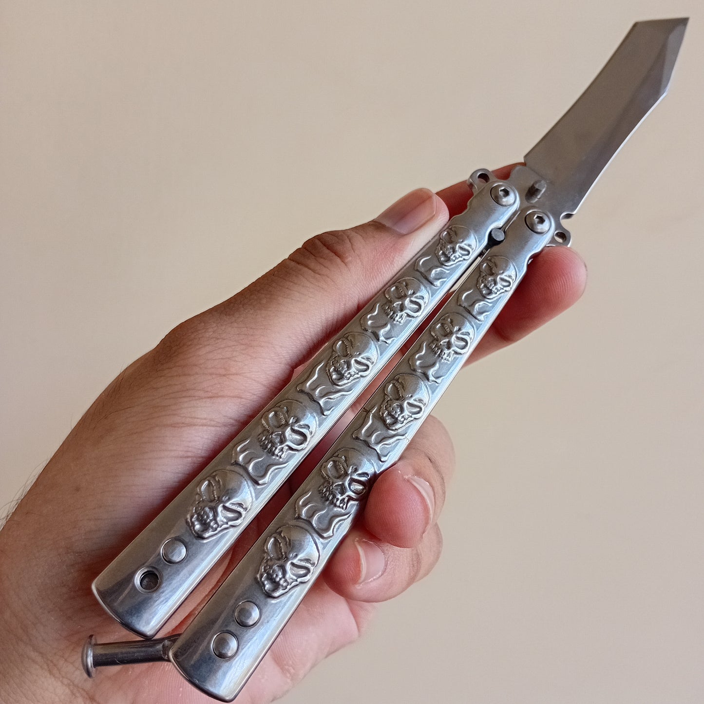 Silver Skull Butterfly Pocket Knife - Sharp