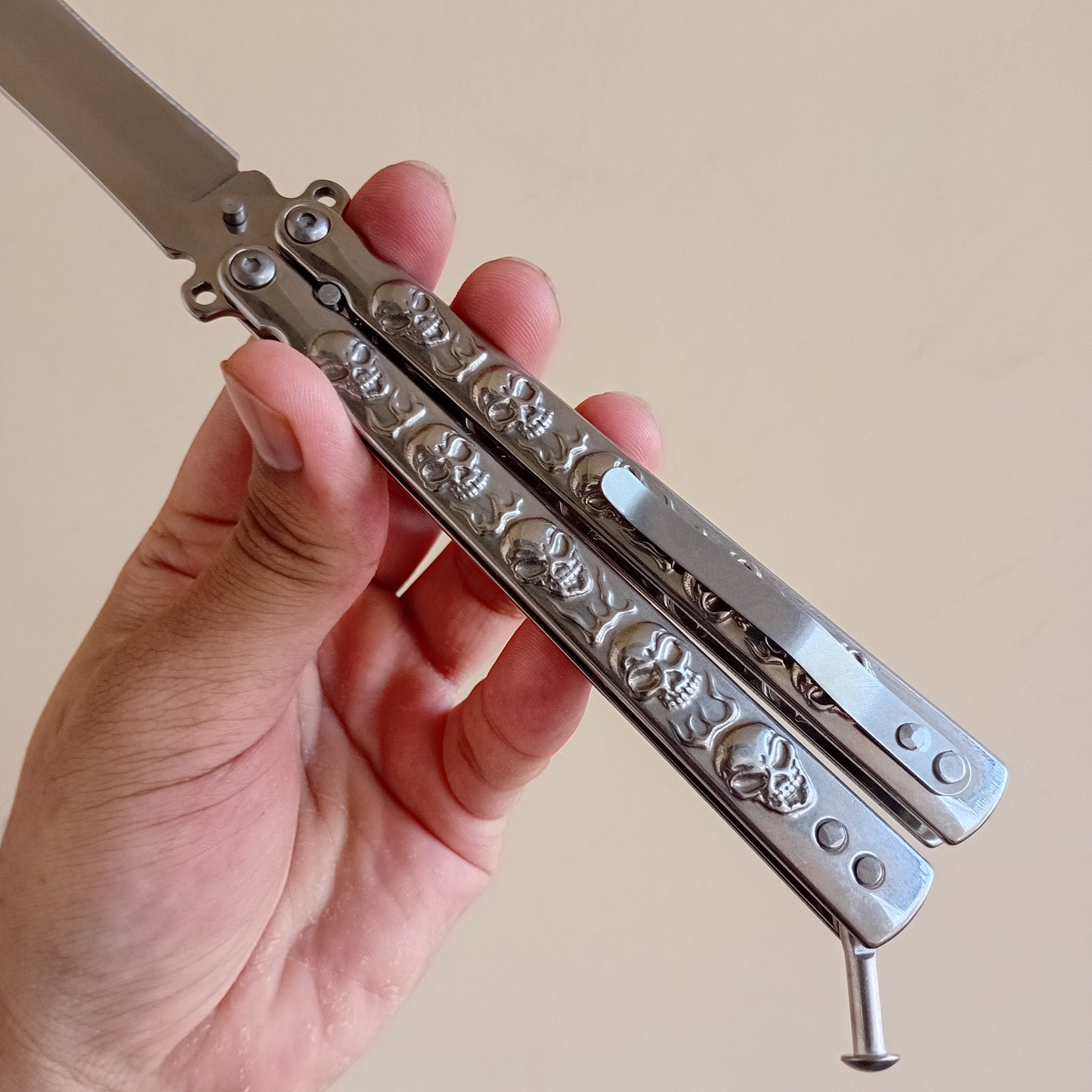 Silver Skull Butterfly Pocket Knife - Sharp