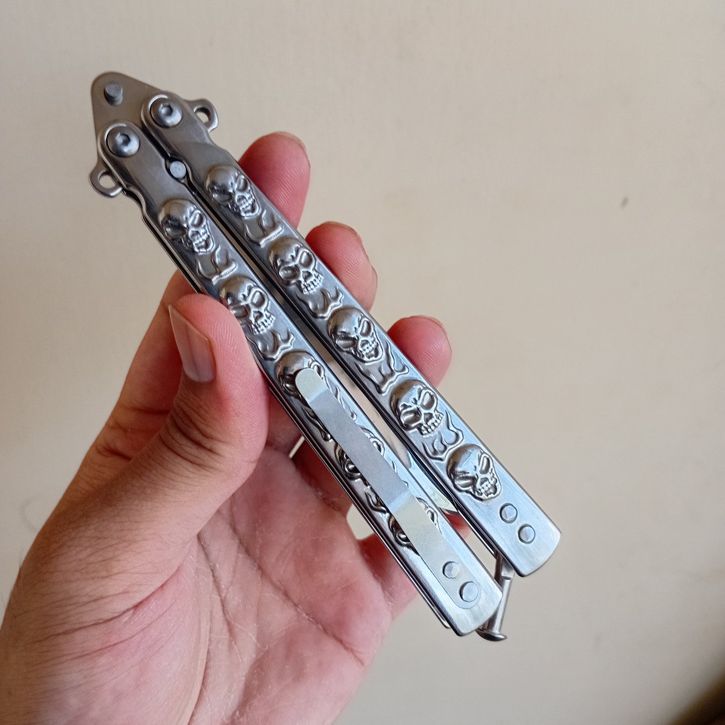 Silver Skull Butterfly Pocket Knife - Sharp