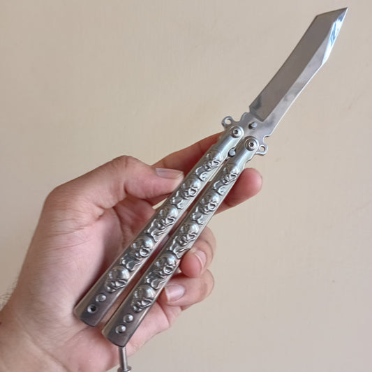 Silver Skull Butterfly Pocket Knife - Sharp
