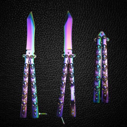 Rainbow Fade Skull Butterfly Pocket Knife - Sharp