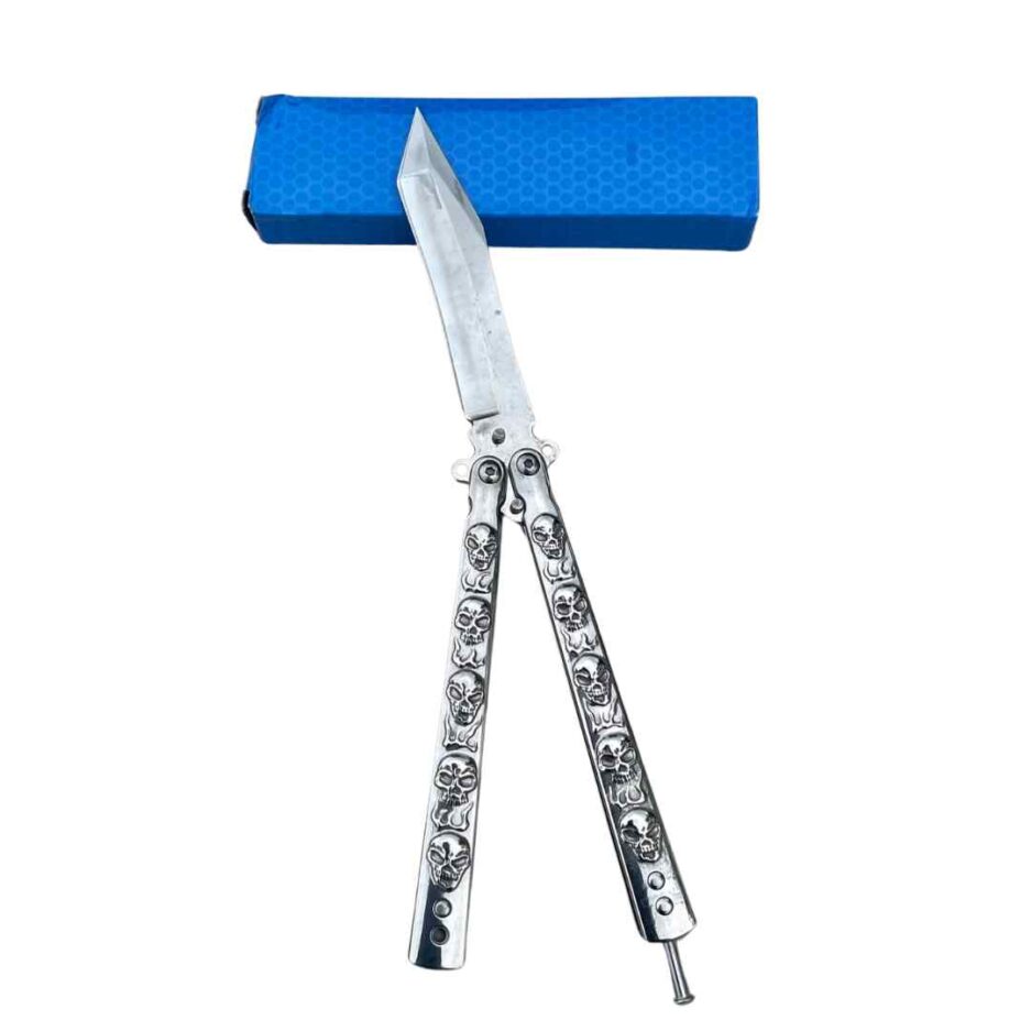 Silver Skull Butterfly Pocket Knife - Sharp - Image 7