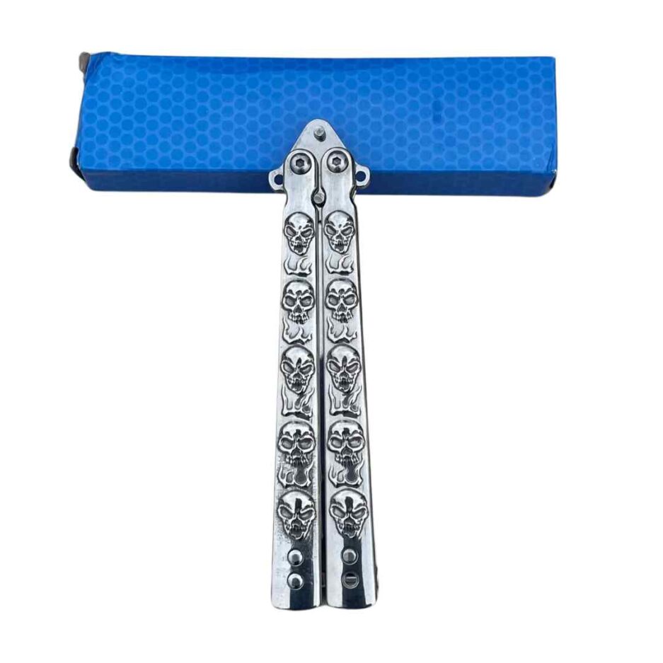 Silver Skull Butterfly Pocket Knife - Sharp - Image 3