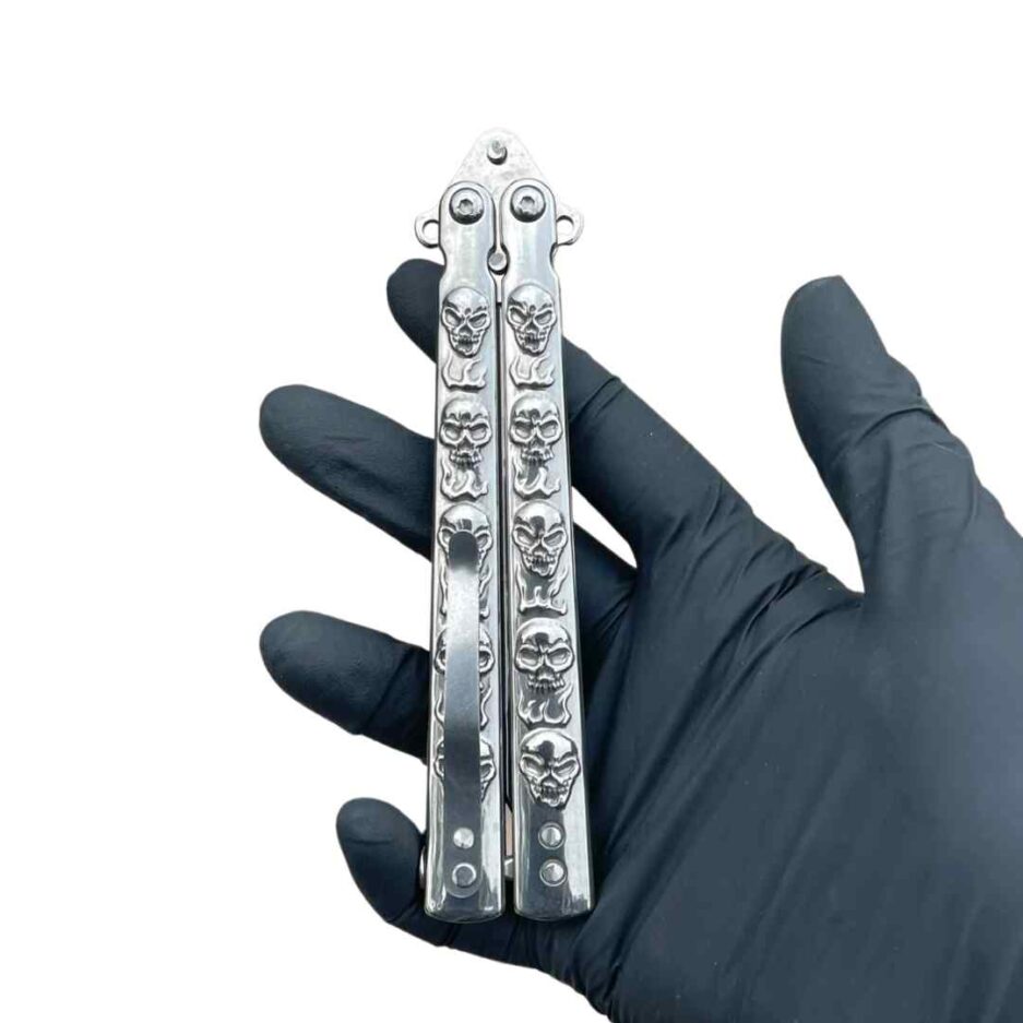 Silver Skull Butterfly Pocket Knife - Sharp - Image 4