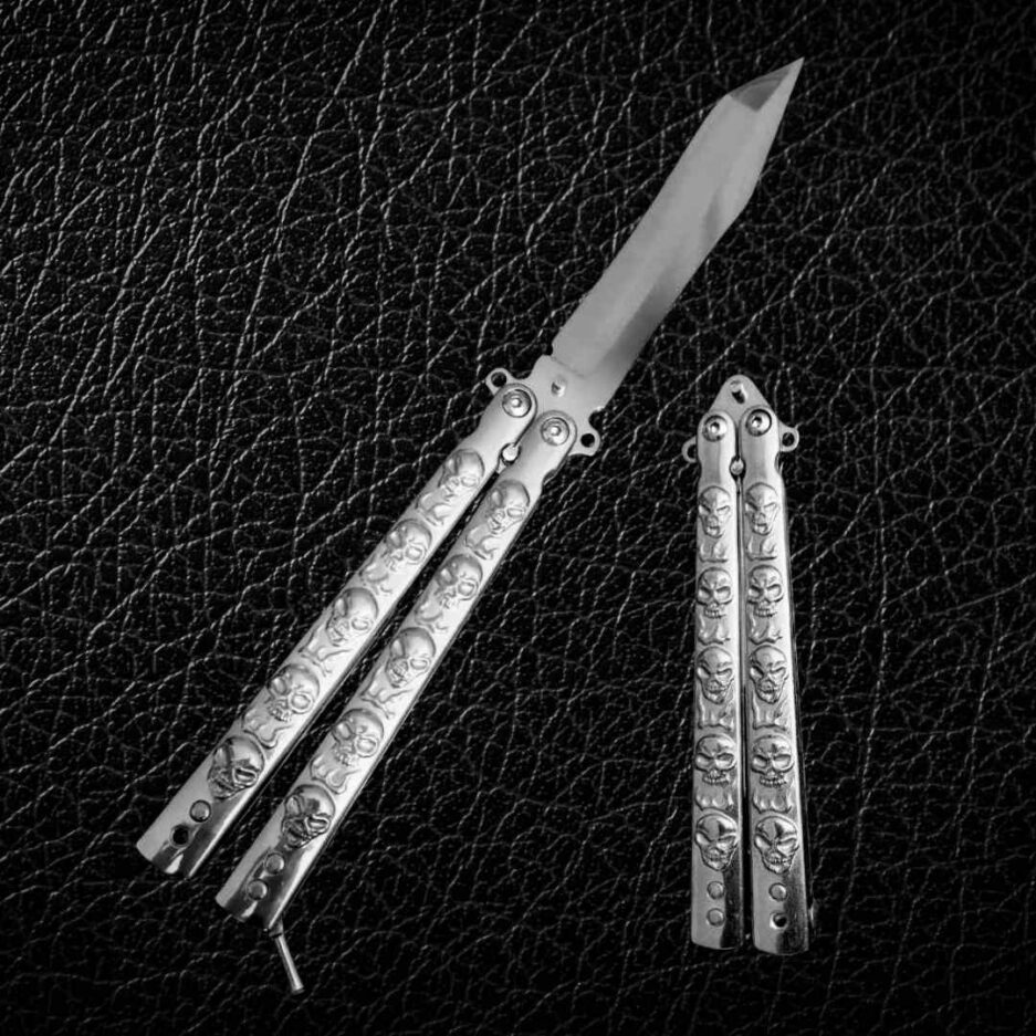 Silver Skull Butterfly Pocket Knife - Sharp - Image 2